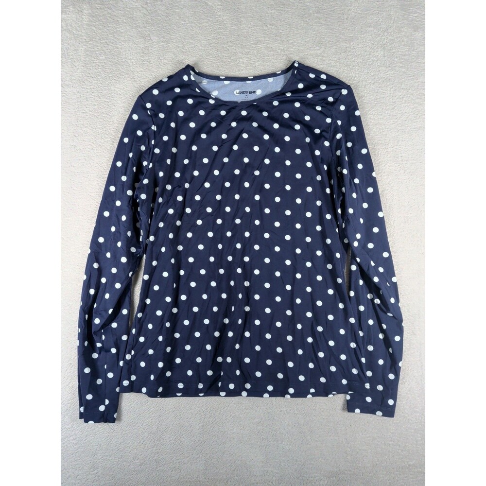 Lands End Rash Guard Tee Womens M(10-12) Navy Nautical Swim Resort Long Sleeve